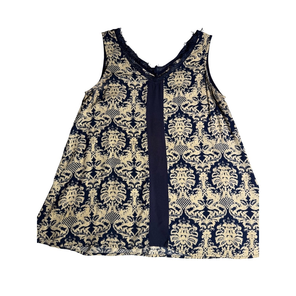 Mystree Navy Cream Damask Lace Trim Sleeveless Tank Top Blouse Medium 11640